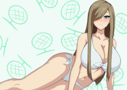 Rule 34 | 1girl, arm support, bare arms, bare legs, bare shoulders, bikini, blue eyes, blush, breasts, cleavage, closed mouth, collarbone, commentary, feet out of frame, food, front-tie bikini top, front-tie top, fruit, hair over one eye, halterneck, highres, large breasts, light brown hair, long hair, looking at viewer, melon, momosuke (user pupa3454), navel, one eye covered, side-tie bikini bottom, sidelocks, sitting, solo, stomach, swept bangs, swimsuit, tales of (series), tales of the abyss, tear grants, white bikini, yokozuwari