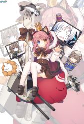 Rule 34 | 4girls, animal ears, blue eyes, blush, bow, brown bow, cat tail, character request, closed mouth, cup ramen, fake animal ears, fish, fork, hat, headphones, heterochromia, holding, holding fork, looking at viewer, multiple girls, official art, pink hair, shenbei xiaoqiu, short hair, tail, thighhighs, tirpitz (warship girls r), warship girls r, white hat, white legwear, yellow eyes
