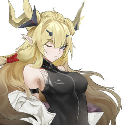 Rule 34 | 1girl, arknights, blonde hair, blue eyes, highres, horns, leizi (arknights), liuli yuanxiaoniao, long hair, one eye closed, pointy ears, skin tight, sleeveless, solo, thick eyebrows, white background