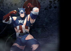Rule 34 | 1boy, animal collar, bara, belt, black belt, blue bodysuit, bodysuit, bound, bound wrists, bulge, captain america, captain america (series), chain, clenched teeth, collar, gloves, holding, holding shield, holding weapon, large pectorals, male focus, marvel, mask, multicolored bodysuit, multicolored clothes, muscular, muscular male, mxsxe, pectorals, red bodysuit, red gloves, restrained, shield, solo, steve rogers, teeth, torn bodysuit, torn clothes, weapon, white bodysuit