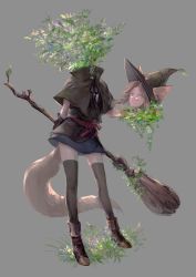 Rule 34 | 1girl, :3, absurdres, animal ears, broom, brown hair, capelet, dress, ears through headwear, full body, green eyes, hat, headless, highres, holding, holding broom, holding head, nira (nira box), original, plant, round eyewear, shoes, simple background, solo, standing, tail, thighhighs, witch, witch hat
