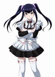 Rule 34 | 00s, 1girl, black hair, black thighhighs, crossed arms, female focus, hair ornament, ikkitousen, long hair, looking at viewer, maiden, official art, saji genpou (true), simple background, solo, thighhighs, twintails, white background, white thighhighs, yellow eyes
