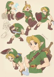 Rule 34 | 1boy, absurdres, aged down, blonde hair, blue eyes, boots, brown footwear, fairy, fighting stance, full body, green headwear, green tunic, hands on own hips, highres, holding, holding shield, holding sword, holding weapon, link, male focus, multiple views, navi, nintendo, open mouth, parted bangs, pointy hat, shield, shield on back, short hair, short sleeves, sitting, smile, sword, takapon-o-ji, the legend of zelda, the legend of zelda: ocarina of time, twitter username, weapon, weapon on back, young link