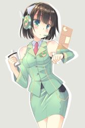 Rule 34 | 1girl, bare shoulders, blush, breasts, brown hair, closed mouth, collared shirt, commentary request, cowboy shot, cup, detached sleeves, dress shirt, green eyes, green jacket, green skirt, grey background, headset, highres, holding, holding cup, jacket, kyoumachi seika, medium breasts, necktie, pencil skirt, red necktie, shirt, short hair, skirt, skirt set, sleeveless, sleeveless jacket, sleeveless shirt, solo, sumikaze, voiceroid, white shirt
