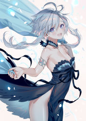 Rule 34 | 1girl, :d, antenna hair, armlet, artist name, banned artist, bare shoulders, black dress, blue eyes, blush, breasts, choker, cleavage, collarbone, cowboy shot, dress, grey hair, hair between eyes, highres, holding, long hair, looking at viewer, midori foo, no panties, open mouth, original, pelvic curtain, signature, simple background, small breasts, smile, solo, teeth, thighs, upper teeth only, white background