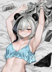 Rule 34 | 1girl, alternate costume, alternate hairstyle, animal ears, arknights, armpits, arms up, artist name, babydoll, bed sheet, beer can, black hair, black panties, blue babydoll, blush, breasts, can, cellphone, cleavage, closed mouth, commentary, commission, drink can, english commentary, english text, fang, feater (arknights), hair between eyes, hand in own hair, long hair, looking at viewer, lying, medium breasts, midriff, multicolored hair, nashidrop, navel, on back, orange eyes, panda ears, panties, phone, ponytail, product placement, signature, silver hair, skin fang, sleeveless, smartphone, smile, solo, stomach, streaked hair, symbol-only commentary, thick eyebrows, twitter username, two-tone hair, underwear, unworn panties, upper body