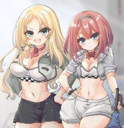 Rule 34 | 2girls, adapted costume, ark royal (kancolle), ascot, black gloves, black skirt, blonde hair, blue eyes, blue umbrella, blunt bangs, blush, bob cut, bra, breasts, cleavage, commentary request, cowboy shot, cropped jacket, fingerless gloves, flower, gloves, grey jacket, hairband, highres, inverted bob, jacket, kantai collection, kasashi (kasasi008), large breasts, looking at viewer, medium breasts, midriff, multiple girls, nelson (kancolle), planted, planted umbrella, race queen, red ascot, red flower, red hair, red rose, rose, short hair, shorts, skirt, smile, strapless, strapless bra, umbrella, underwear, white bra, white shorts