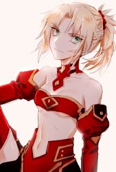 Rule 34 | 1girl, armor, bare shoulders, blonde hair, braid, breasts, collarbone, commentary request, detached sleeves, fate/apocrypha, fate (series), green eyes, hair ornament, long hair, looking at viewer, mordred (fate), mordred (fate/apocrypha), navel, noru (lila2), parted bangs, ponytail, red scrunchie, red sleeves, scrunchie, simple background, small breasts, smile, solo, white background, yuuki hagure