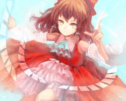 Rule 34 | 1girl, ascot, bad id, bad pixiv id, bow, brown eyes, brown hair, detached sleeves, embellished costume, female focus, frills, hair bow, hair tubes, hakurei reimu, japanese clothes, miko, ofuda, outstretched arm, shigu, short hair, smile, solo, touhou