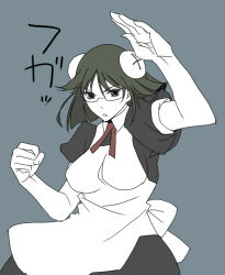 Rule 34 | 00s, 1girl, apron, arms up, bun cover, clenched hand, cowboy shot, dress, fighting stance, francisca (kaibutsu oujo), glasses, green hair, kaibutsu oujo, looking at viewer, maid, maid apron, monochrome, red ribbon, ribbon, short hair, solo, spot color