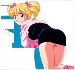 Rule 34 | 1980s (style), 1990s (style), 1girl, ass, bent over, black skirt, blonde hair, blue eyes, bow, female focus, from behind, hair bow, idol densetsu eriko, long hair, long sleeves, looking at viewer, looking back, miniskirt, non-web source, official art, oldschool, pencil skirt, retro artstyle, skirt, smile, solo, tamura eriko, twintails, yamauchi noriyasu
