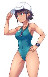 Rule 34 | 1girl, asics, baseball cap, black hair, breasts, collarbone, competition swimsuit, covered navel, green eyes, green one-piece swimsuit, hand on own hip, hat, highleg, highleg swimsuit, logo, medium breasts, mendou saya, one-piece swimsuit, original, short hair, simple background, solo, swimsuit, watch, whistle, whistle around neck, white background, white hat, wristwatch