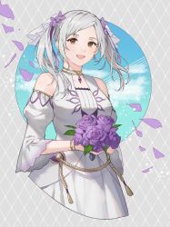 Rule 34 | 1girl, ai tkkm, alternate costume, bouquet, bridal veil, brown eyes, commentary request, detached sleeves, dress, earrings, fire emblem, fire emblem awakening, floating hair, flower, hair flower, hair ornament, highres, holding, holding bouquet, jewelry, long hair, looking at viewer, nintendo, open mouth, petals, purple flower, purple rose, robin (female) (fire emblem), robin (fire emblem), rose, smile, solo, swept bangs, twintails, veil, wedding dress, white dress, white hair