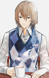 Rule 34 | 10s, 1boy, akechi gorou, argyle, brown eyes, brown hair, cezaria, coffee cup, cup, disposable cup, grey background, hair between eyes, highres, looking down, looking to the side, male focus, matching hair/eyes, persona, persona 5, saucer, simple background, solo, sweater vest, table, twitter username, upper body