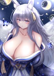 Rule 34 | 1girl, absurdres, animal ears, azur lane, bare shoulders, blue eyes, blue kimono, breasts, cleavage, detached collar, doutei no roran, fox ears, from above, highres, huge breasts, japanese clothes, kimono, long hair, looking at viewer, moon phases, off shoulder, shinano (azur lane), silver hair, solo, very long hair