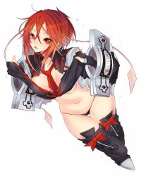 Rule 34 | 1girl, :o, black thighhighs, breasts, clothes pull, collarbone, fingerless gloves, gloves, groin, guilty gear, guilty gear 2, looking at viewer, midriff, navel, necktie, nipples, orange hair, oro (sumakaita), red eyes, red hair, red necktie, shirt pull, short hair, simple background, solo, standing, stomach, thighhighs, tsurime, valentine (guilty gear), white background, wrist cuffs