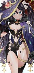 Rule 34 | 1girl, absurdres, asymmetrical legwear, black gloves, black hair, braid, breasts, cape, clothing cutout, cowboy shot, genshin impact, gloves, gluteal fold, gold trim, green eyes, groin, hand on own hip, hat, highres, leotard, long hair, looking at viewer, mona (genshin impact), navel, navel cutout, parted lips, partially fingerless gloves, ryoma (rym 369), single braid, small breasts, solo, thighlet, thighs, very long hair, witch hat