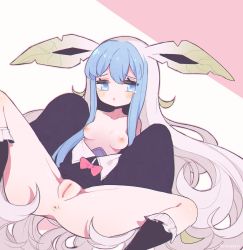 Rule 34 | 1girl, aliceyawnin, animal ears, anus, artist name, bare shoulders, black dress, black socks, blue eyes, blue hair, blush, bow, breasts, cleft of venus, collarbone, commission, creatures (company), dress, female focus, frilled socks, frills, game freak, gen 4 pokemon, glaceon, green hair, grey hair, half-closed eyes, hands up, highres, knee up, kneehighs, leafeon, long hair, looking at viewer, lying, multicolored hair, nintendo, nipples, no bra, no panties, off shoulder, on back, open mouth, outline, personification, pink background, pink bow, pink outline, pokemon, pussy, shiny skin, sidelocks, simple background, sleeves past fingers, sleeves past wrists, small breasts, socks, solo, spread legs, tears, twitter username, two-tone background, uncensored, very long hair, watermark, white background