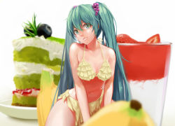 Rule 34 | 1girl, aqua eyes, aqua hair, banana, bikini, blueberry, breasts, cake, food, food-themed hair ornament, food-themed ornament, frilled bikini, frills, fruit, grapes, hair ornament, halterneck, hatsune miku, long hair, looking at viewer, mini person, minigirl, navel, oversized object, parted lips, smile, solo, straddling, strawberry, swimsuit, twintails, very long hair, vocaloid, yellow bikini, yunsang