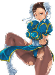Rule 34 | 1990s (style), 1girl, breasts, brown hair, bun cover, cameltoe, capcom, china dress, chinese clothes, chun-li, cleft of venus, covered erect nipples, double bun, dress, hair bun, large breasts, legs, nanboku, pantyhose, pelvic curtain, retro artstyle, short hair, solo, street fighter, street fighter ii (series), thick thighs, thighs, torn clothes, torn pantyhose