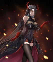 Rule 34 | 1girl, arm at side, azur lane, bare shoulders, black background, black dress, black hair, black thighhighs, breasts, covered navel, detached sleeves, dress, feet out of frame, friedrich der grosse (azur lane), gauntlets, hair ornament, hair over one eye, highres, horns, large breasts, long dress, long hair, looking at viewer, motion blur, naga (pixiv70891418), one eye covered, red horns, smile, solo, straight hair, taut clothes, taut dress, thighhighs, very long hair, walking, yellow eyes
