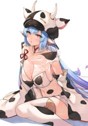 Rule 34 | 1girl, animal ears, animal print, bad id, bad pixiv id, bandeau, bare shoulders, blue hair, blush, breasts, catura (granblue fantasy), cleavage, cow ears, cow girl, cow hat, cow hood, cow horns, cow print, detached collar, detached sleeves, draph, ear piercing, fake horns, granblue fantasy, hat, highleg, highres, hood, horns, koretsuki azuma, large breasts, long hair, long sleeves, looking at viewer, micro shorts, midriff, navel, open mouth, parted lips, piercing, pink eyes, pointy ears, see-through, short shorts, shorts, sidelocks, simple background, sitting, solo, stomach, thighhighs, thighs, very long hair, wariza, white background, white shorts, white thighhighs, wide sleeves, yellow eyes