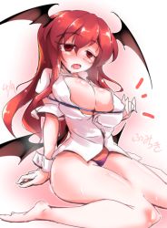 Rule 34 | 1girl, blush, breasts, breasts squeezed together, cleavage, dated, demon girl, demon wings, fang, female focus, fumitsuki (minaduki 6), gradient background, head wings, koakuma, large breasts, long hair, low wings, naked shirt, no pants, open clothes, open mouth, open shirt, panties, puffy short sleeves, puffy sleeves, purple panties, red eyes, red hair, rei no himo, saliva, shirt, short sleeves, sitting, solo, sweat, touhou, underwear, very long hair, wariza, wings