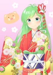 Rule 34 | 1girl, absurdres, antenna hair, blue eyes, blush, boar, floral background, floral print, frog hair ornament, hair ornament, highres, japanese clothes, kanpa (campagne 9), kimono, kochiya sanae, looking at viewer, obi, pink background, red kimono, sash, simple background, sleeves past wrists, smile, snake hair ornament, solo, touhou, upper body, wide sleeves