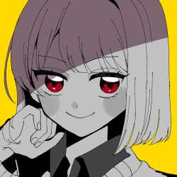 Rule 34 | 0725akaba, 1girl, blush stickers, character request, closed mouth, collared shirt, hand up, looking at viewer, monochrome, parted bangs, portrait, red eyes, shirt, simple background, smile, solo, sweater, undertale, yellow background