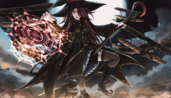 Rule 34 | 1girl, aircraft, airplane, biplane, black footwear, black hat, black thighhighs, boots, broom, broom riding, cloud, hair over one eye, haonfest, hat, long hair, long sleeves, military, military uniform, moon, night, night sky, original, outdoors, purple hair, red eyes, sky, solo, soviet, thighhighs, uniform, witch, witch hat, world war ii