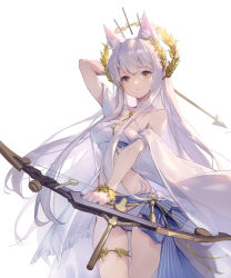 Rule 34 | 1girl, animal ear fluff, animal ears, arknights, arm up, arrow (projectile), bandeau, bare shoulders, bikini, bow (weapon), brown eyes, commentary, cowboy shot, criss-cross halter, halterneck, highres, holding, holding bow (weapon), holding weapon, kurasamerukia, laurel crown, long hair, looking at viewer, official alternate costume, platinum (arknights), platinum (shimmering dew) (arknights), silver hair, simple background, solo, standing, swimsuit, thighs, very long hair, weapon, white background, white bikini