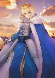 Rule 34 | 1girl, ahoge, aqua eyes, armor, armored dress, artoria pendragon (all), artoria pendragon (fate), bad id, bad pixiv id, blonde hair, blue cape, breastplate, cape, cloud, crown, excalibur (fate/stay night), fate/grand order, fate/stay night, fate (series), faulds, fur trim, gauntlets, hanato (seonoaiko), highres, holding, holding sword, holding weapon, long sleeves, looking at viewer, outdoors, outstretched arm, saber (fate), serious, short hair, sky, solo, sparkle, standing, sword, tsurime, twilight, twitter username, weapon