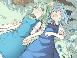Rule 34 | 2girls, ^ ^, ascot, asutora, basket, blue bow, blue dress, blue hair, blush, bow, breasts, cirno, closed eyes, colored eyelashes, commentary request, cowboy shot, daiyousei, dress, drooling, fairy wings, grass, green eyes, green hair, hair between eyes, hair bow, hair ribbon, hand on own stomach, holding hands, ice, ice wings, looking at viewer, lying, medium breasts, multiple girls, neck ribbon, on back, one side up, open mouth, outdoors, pinafore dress, red ribbon, ribbon, shirt, short hair, short sleeves, sketch, sleeping, sleeveless dress, smile, touhou, tree, white shirt, wings, yellow ribbon