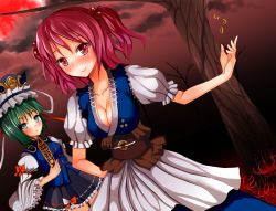 Rule 34 | 2girls, blush, breasts, cleavage, collarbone, flower, green eyes, green hair, hair bobbles, hair ornament, hair tubes, hat, highres, japanese clothes, large breasts, long hair, multiple girls, onozuka komachi, red eyes, red hair, rod of remorse, shiki eiki, spider lily, suika (atelier-yuu), touhou, twintails, two side up