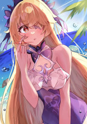 Rule 34 | 1girl, alternate costume, alternate eye color, artist request, blonde hair, blush, bow, breasts, crown, detached collar, eyepatch, fischl (ein immernachtstraum) (genshin impact), fischl (genshin impact), frills, genshin impact, highres, jewelry, long hair, medium breasts, ocean, red eyes, ring, slime (genshin impact), solo, swimsuit, tiara, tongue, very long hair, white eyepatch