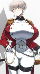 Rule 34 | 1girl, absurdres, belt, blush, breasts, buttons, coat, cowboy shot, curvy, double-breasted, earrings, epaulettes, fleur-de-lis, gloves, grey hair, hand on own hip, highres, huge breasts, jewelry, konoshige (ryuun), looking at viewer, military, military uniform, mole, mole under eye, original, pants, pixie cut, red coat, royal guard (konoshige), scabbard, sheath, shiny clothes, shiny skin, short hair, solo, standing, sword, tailcoat, thick thighs, thighs, tight clothes, tight pants, uniform, weapon, white gloves, wide hips, yellow eyes