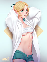 Rule 34 | 1girl, arms behind head, artist name, braid, breasts, brown background, coat, collarbone, commentary, cowboy shot, english commentary, esmeralda ingrid, fire emblem, fire emblem: three houses, green eyes, green shorts, grey background, hair ribbon, hands up, highres, ingrid brandl galatea, long sleeves, looking at viewer, medium breasts, navel, nintendo, open clothes, open shorts, parted lips, ribbon, sarashi, short hair, shorts, solo, teeth, tsuaii, watermark, web address, white coat, wide sleeves