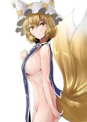 Rule 34 | 1girl, animal hat, bare arms, bare shoulders, blonde hair, blush, bottomless, breasts, commentary request, cowboy shot, fox tail, from side, groin, hair between eyes, hand up, hat, large breasts, looking at viewer, mob cap, multiple tails, naked tabard, navel, parted lips, shiny skin, short hair, sideboob, simple background, solo, standing, stomach, tabard, tail, thighs, touhou, white background, white hat, y2, yakumo ran, yellow eyes