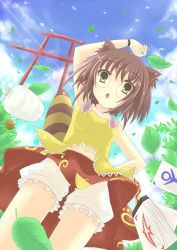 Rule 34 | 1girl, animal ears, arm up, bare shoulders, bloomers, breasts, brown hair, day, female focus, from below, futatsuiwa mamizou, glasses, highres, jug (bottle), leaf, nature, navel, notepad, outdoors, plant, raccoon ears, raccoon tail, skirt, sky, solo, tail, tenhi tsukitori, torii, touhou, underwear, wristband, yellow eyes