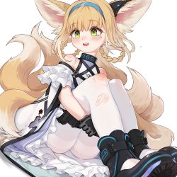 Rule 34 | 1girl, :d, animal ears, arknights, ass, bare shoulders, black gloves, blush, boots, braid, fox ears, fox tail, frills, gloves, hairband, highres, injury, multiple tails, open mouth, pantyhose, sitting, smile, solo, su-85 (su 85), suzuran (arknights), tail, tears, teeth, thighband pantyhose, torn clothes, torn pantyhose, white pantyhose