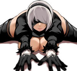 Rule 34 | 1girl, 2b (nier:automata), alternate breast size, bakkanki, black blindfold, black footwear, black headband, blindfold, breastless clothes, breasts, cleavage, exercising, headband, large breasts, lips, lying, mole, mole under mouth, nier:automata, nier (series), on stomach, puffy sleeves, short hair, solo, spread legs, stretching, thick thighs, thighhighs, thighs, white background, white hair