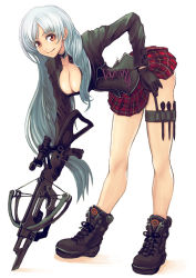 Rule 34 | 1girl, arrow (projectile), bare legs, bent over, boots, bow (weapon), breasts, choker, cleavage, corset, crossbow, gloves, highres, lace, long hair, motsu rebaa, original, plaid, plaid skirt, red eyes, skirt, smile, solo, wavy hair, weapon, white hair