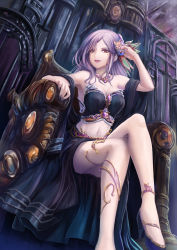 Rule 34 | &gt;:d, 1girl, :d, armpits, bare shoulders, black nails, black skirt, breasts, brooch, brown eyes, bustier, cleavage, groin, hair ornament, high heels, highres, jewelry, large breasts, light purple hair, long hair, looking at viewer, mole, mole under eye, nail polish, navel, necklace, official art, open mouth, original, shawl, sidelocks, sitting, skirt, smile, solo, stomach, tenmaso, throne, v-shaped eyebrows