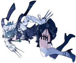 Rule 34 | 1girl, between fingers, blue bow, blue eyes, blue footwear, blue scarf, blue skirt, blue vest, bow, braid, commentary request, full body, garter straps, gloves, green bow, hair bow, high heels, highres, holding, holding knife, holding weapon, holster, ikurauni, izayoi sakuya, knife, knives between fingers, long sleeves, looking at viewer, maid, maid headdress, pocket watch, scarf, shirt, short hair, silver hair, simple background, skirt, skirt set, solo, thigh holster, thighhighs, thighs, touhou, vest, watch, weapon, white background, white gloves, white shirt, white thighhighs