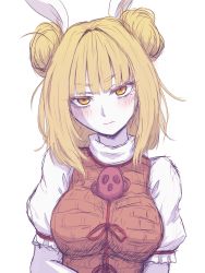 Rule 34 | 1girl, blonde hair, blush, breasts, brown vest, commentary request, double bun, hair bun, hair ribbon, head tilt, highres, joutouguu mayumi, large breasts, looking at viewer, miata (miata8674), puffy short sleeves, puffy sleeves, ribbon, shirt, short hair, short sleeves, simple background, sketch, solo, touhou, upper body, vest, white background, white ribbon, white shirt, yellow eyes