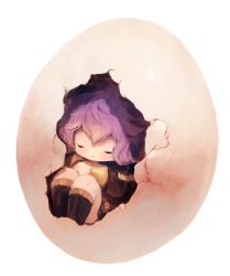 Rule 34 | 1girl, bad id, bad pixiv id, bernadetta von varley, black footwear, boots, chibi, closed eyes, closed mouth, commentary request, egg, fire emblem, fire emblem: three houses, garreg mach monastery uniform, highres, knee boots, long sleeves, manino (mofuritaionaka), mini person, minigirl, nintendo, purple hair, simple background, sitting, solo, white background