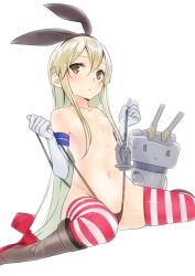 Rule 34 | 10s, 1girl, ama mitsuki, anchor, anchor hair ornament, black panties, blonde hair, blush, breasts, brown eyes, elbow gloves, frontal wedgie, gloves, hair censor, hair ornament, hairband, kantai collection, long hair, looking at viewer, no bra, panties, panty tug, rensouhou-chan, shimakaze (kancolle), simple background, sitting, small breasts, solo, striped clothes, striped thighhighs, thighhighs, topless, underwear, wariza, wedgie, white background, white gloves