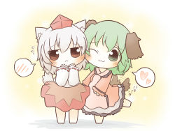 Rule 34 | 2girls, :&lt;, :3, animal ears, bad id, bad pixiv id, blush, cheek-to-cheek, chibi, dog ears, dog tail, dress, female focus, flying sweatdrops, green eyes, green hair, hands on own face, hat, heads together, heart, inubashiri momiji, kasodani kyouko, leg up, multiple girls, one eye closed, red eyes, short hair, simple background, sleeves past wrists, south114, tail, tail wagging, tokin hat, touhou, white hair, wink, wolf ears, wolf tail