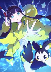 Rule 34 | 1girl, absurdres, bike shorts, black hair, blue eyes, blue nails, blunt bangs, blush, breasts, collarbone, commentary request, creatures (company), electricity, elesa (pokemon), emolga, game freak, gen 5 pokemon, gym leader, hand up, headphones, highres, looking at viewer, multicolored hair, nail polish, nintendo, open mouth, pokemon, pokemon (creature), pokemon bw2, pon yui, short hair with long locks, sidelocks, spread fingers, star (symbol), streaked hair, tongue, white hair