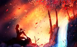 Rule 34 | 1girl, autumn, autumn leaves, backlighting, falling leaves, forest, from side, full body, highres, instrument, leaf, music, nature, original, outdoors, plant, playing instrument, rock, ryky, scenery, shoes, short hair, silhouette, sitting, solo, tree, trumpet, water, waterfall, wide shot